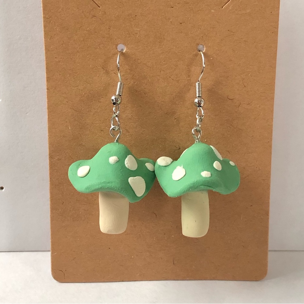 Handmade Mushroom Polymer Clay Dangle earrings, Matte-Green and White Color